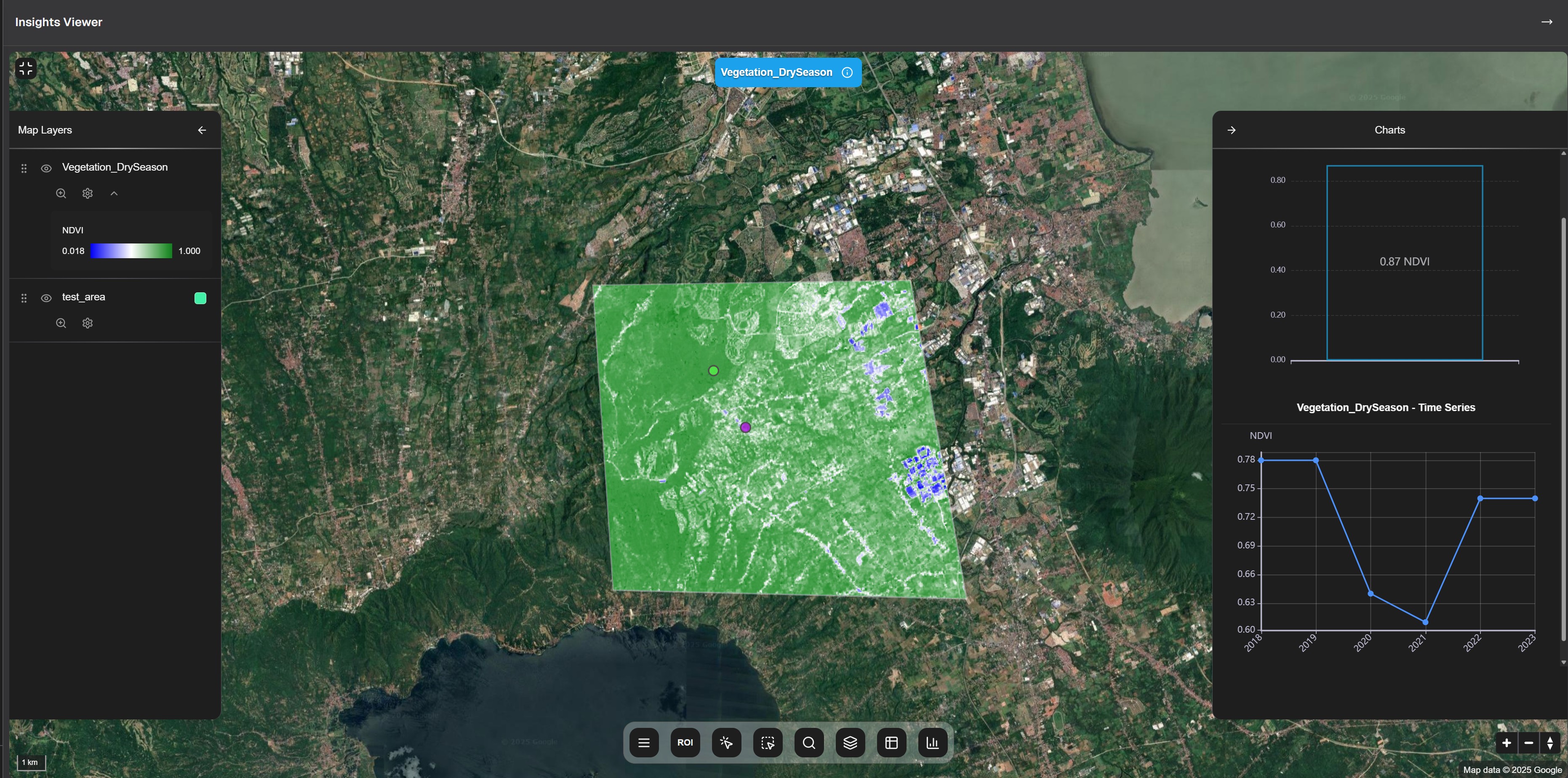 Chat2Geo vegetation monitoring interface showing NDVI map overlay with a selected point and its corresponding time-series chart displaying vegetation trends from 2018-2023