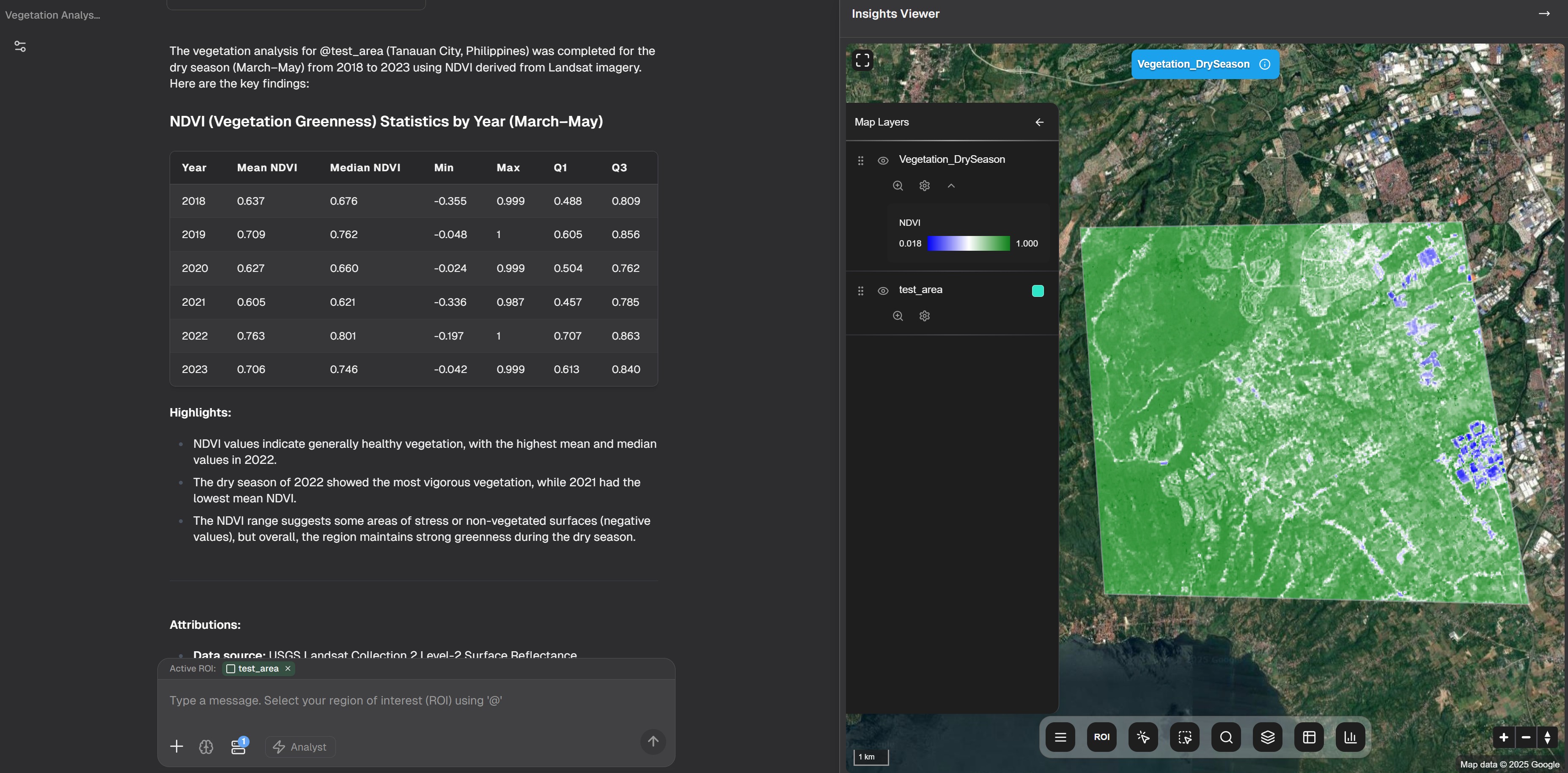 Chat2Geo vegetation monitoring interface showing NDVI statistics table with yearly data from 2018-2023 and interactive map with vegetation health visualization